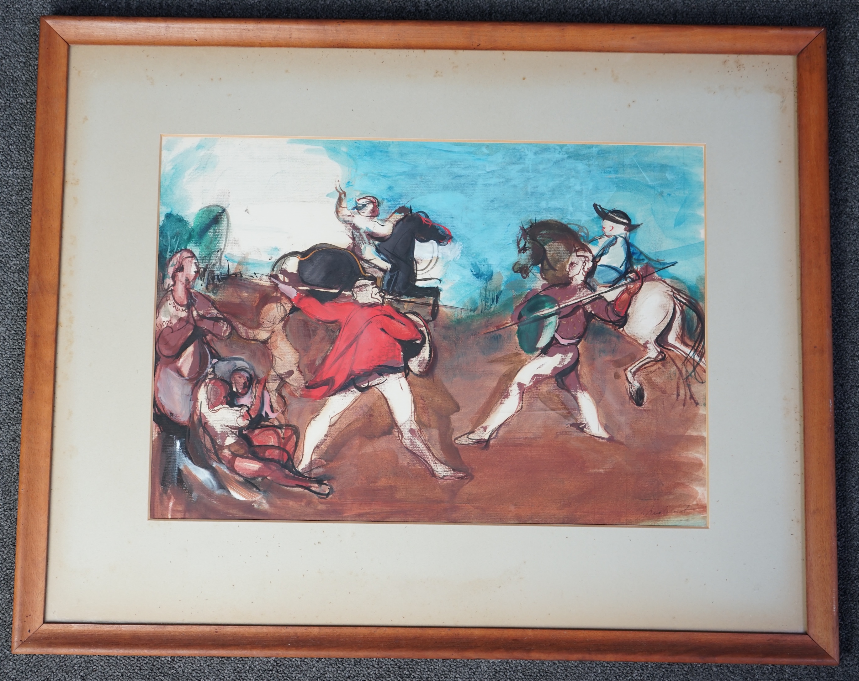 Jean Mablord (French, 1909-1978), ink and gouache on paper, Battle scene, signed in ink, 32 x 46cm